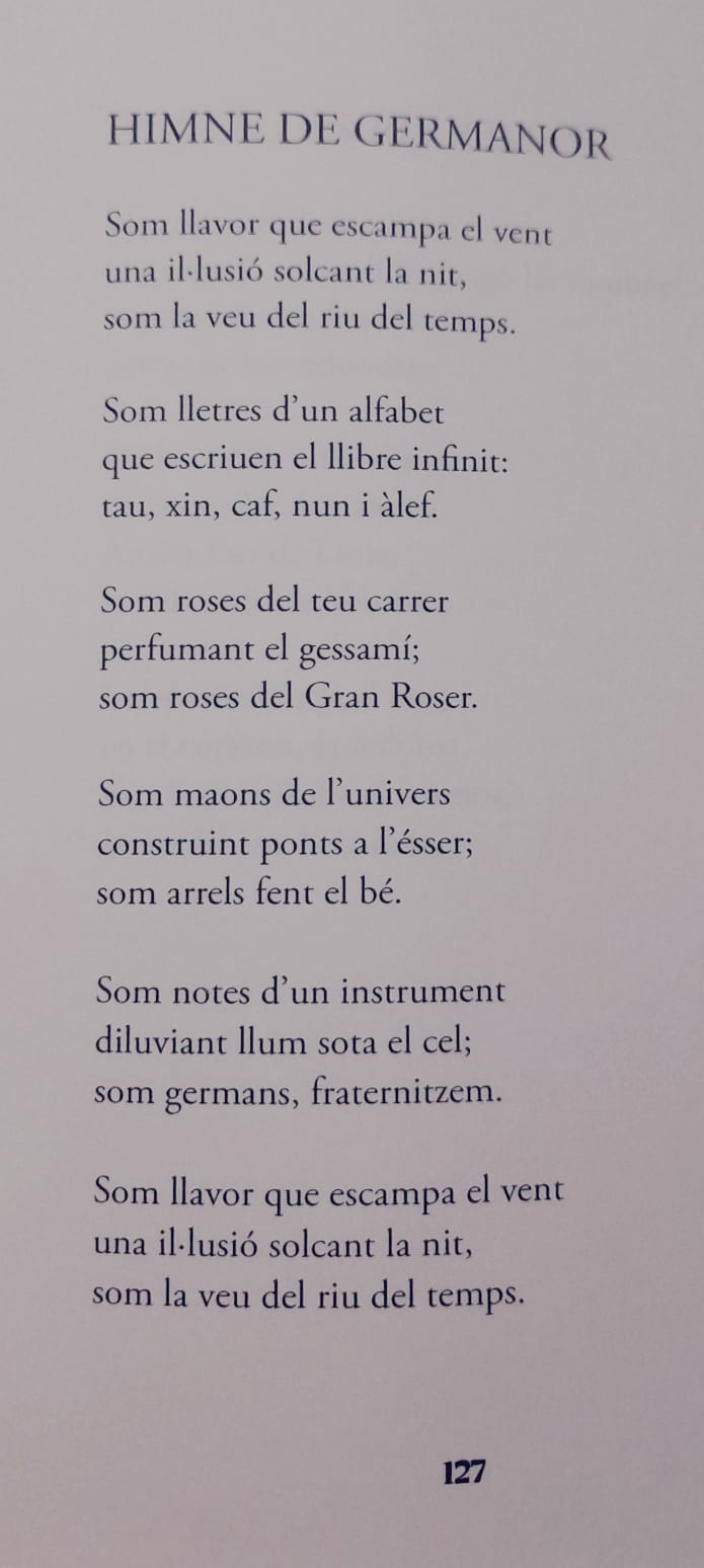 La poemo «Himne de germanor», kiel ĝi aperas presita en Las camelias del amanecer.