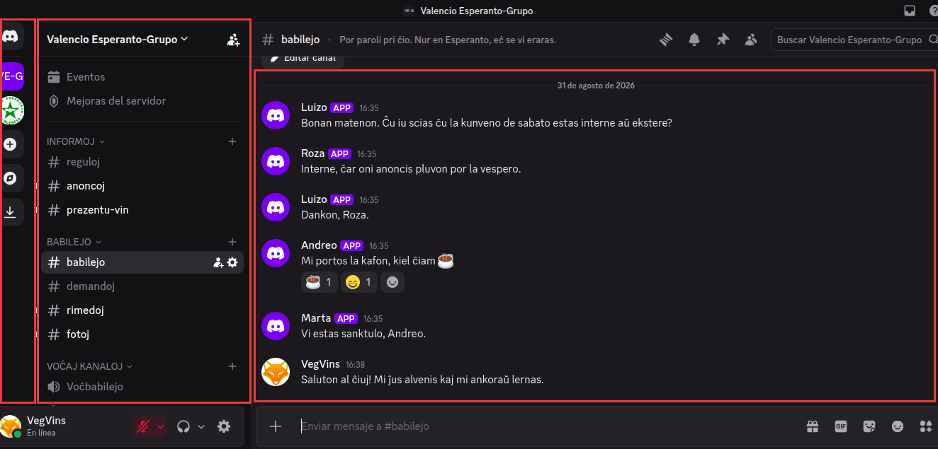 La pantalla de Discord a l'ordinador: la tira de grups, la llista de sales i la conversa