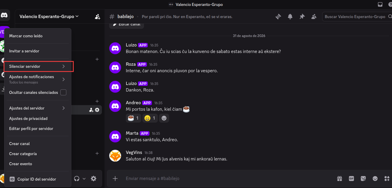 El menú del botó dret sobre el grup, amb Silenciar servidor