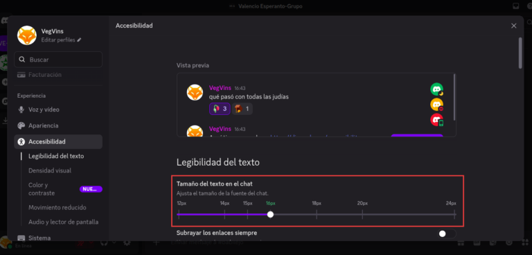 Accesibilidad: la barra del Tamaño del texto en el chat