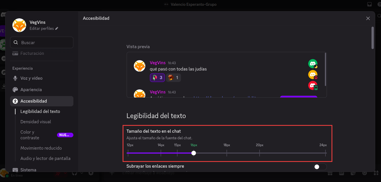 Accesibilidad: la barra del Tamaño del texto en el chat