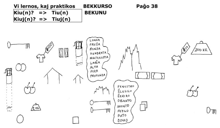 Una pàgina del BEKUNU: objectes dibuixats a mà per a practicar oralment les formes «kiu(n)» i «tiu(n)».