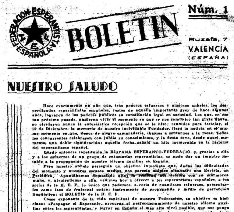 La portada del número 1 del Boletín de la Federació Espanyola d'Esperanto, amb el domicili social: «Ruzafa, 7. VALENCIA (ESPAÑA)».