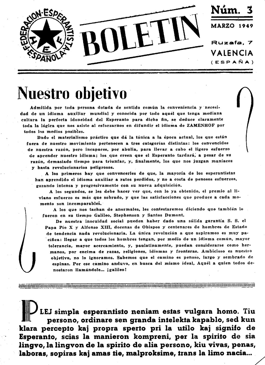 Portada del Boletín de la Federación Esperantista Española de març de 1949, amb l'adreça de la seu: «Ruzafa, 7 · VALENCIA (ESPAÑA)». El butlletí de tota la federació espanyola es feia des d'ací.