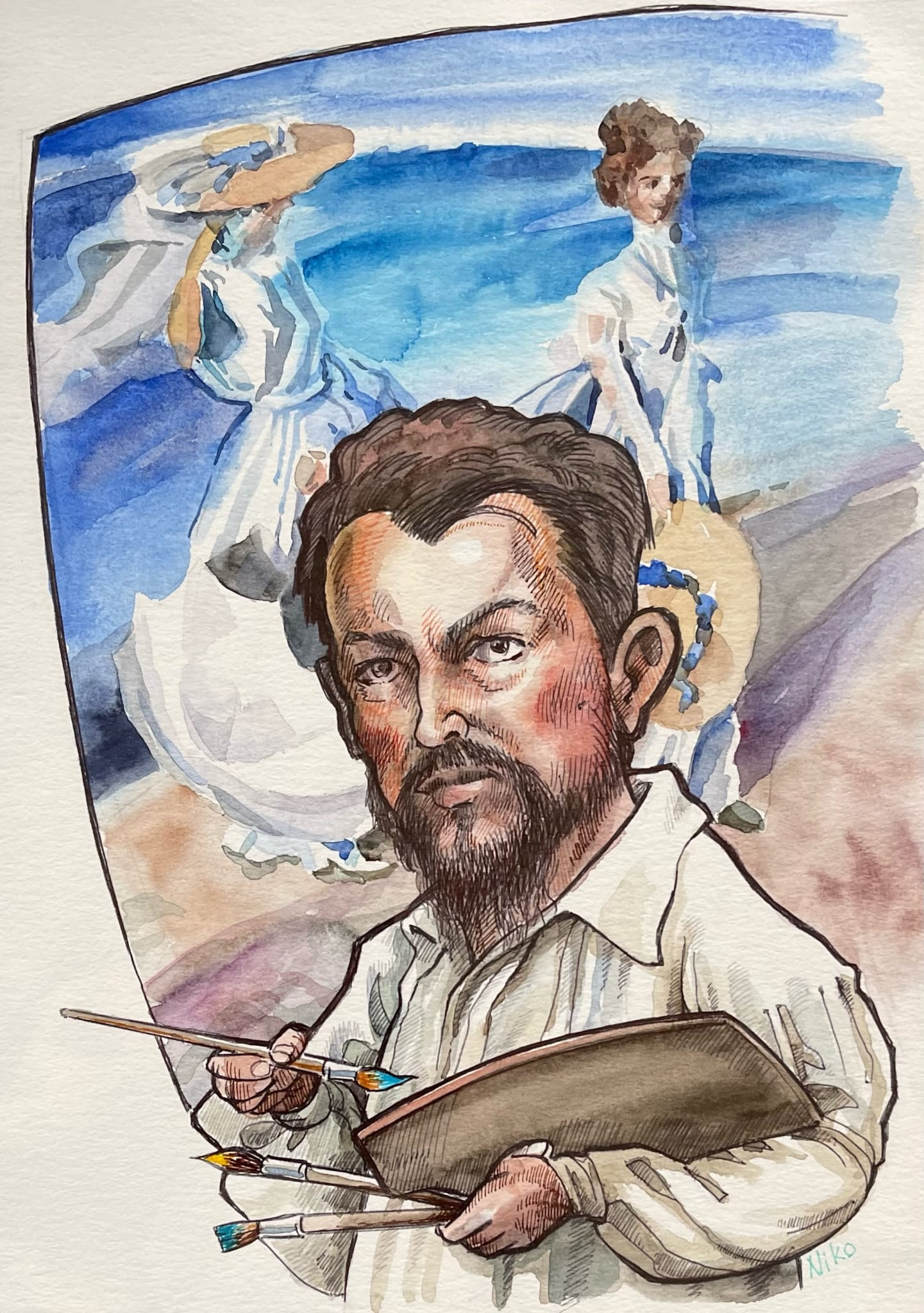 Caricatura en aquarel·la de Joaquín Sorolla amb barba i paleta de pintor a la mà, davant d'una escena de platja amb dues dones vestides de blanc.