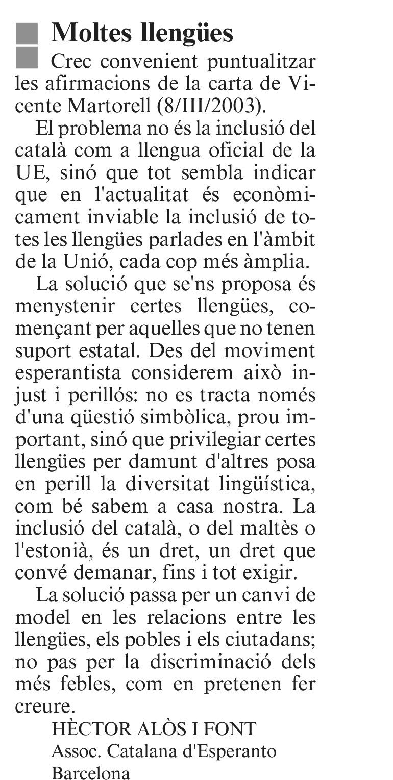 La rèplica «Moltes llengües», a La Vanguardia del 30 de març de 2003, pàgina 38.