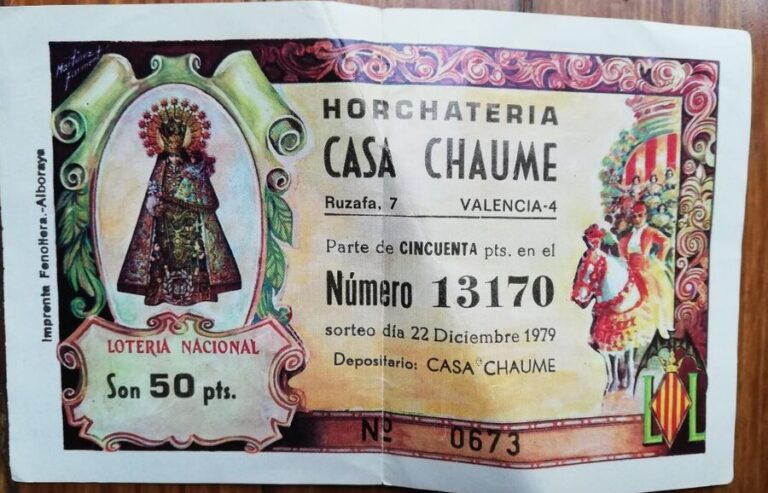 Participació de loteria de Nadal d'«Horchateria Casa Chaume, Ruzafa, 7, Valencia-4» per al sorteig del 22 de desembre de 1979. Dotze anys després de deixar de ser la seu de la Federació, el negoci continuava obert al mateix lloc. Fotografia d'una fitxa de venda de col·leccionisme (todocoleccion).