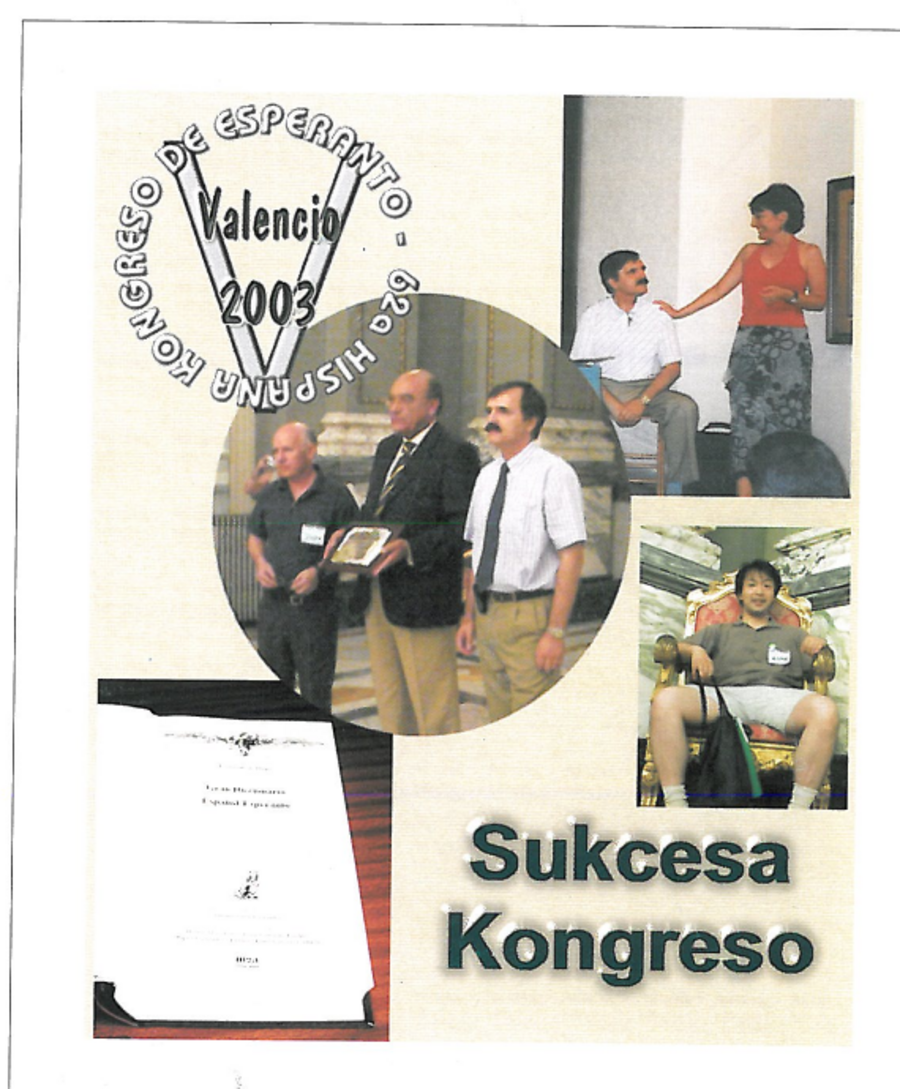 Portada del Boletín de la Federación Española de Esperanto núm. 362 (septiembre-octubre de 2003), dedicada al congreso de Valencia: el sello del 62º congreso, la portada del Gran Diccionario Español-Esperanto y tres instantáneas de las jornadas.
