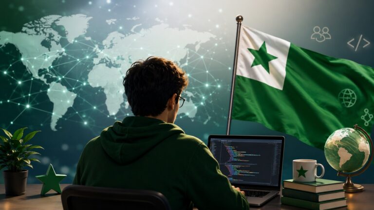 Una persona programant davant d'un portàtil, amb la bandera de l'esperanto, un mapamundi de punts connectats i una estrela verda damunt de la taula.
