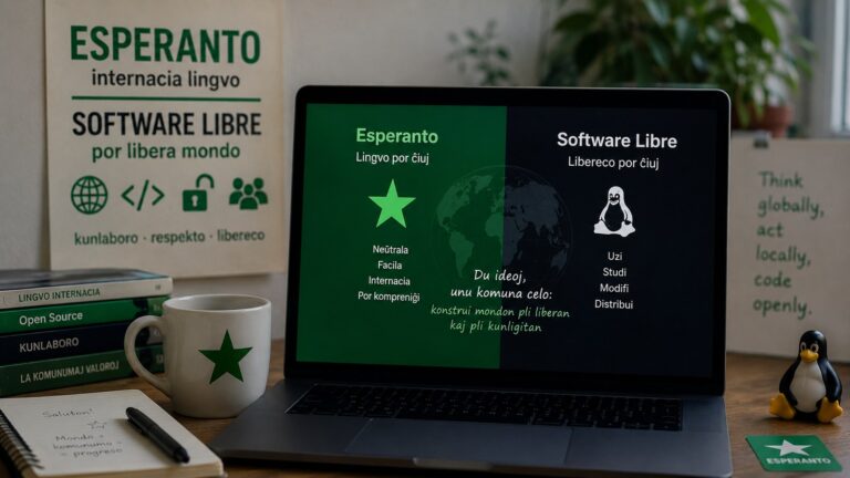 Un ordinador portàtil amb la pantalla dividida en dues meitats: a l'esquerra, sobre verd, l'esperanto amb l'estel de cinc puntes; a la dreta, sobre fons fosc, el programari lliure amb el pingüí de Linux i les quatre llibertats: usar, estudiar, modificar i distribuir. Al voltant, un cartell d'esperanto, una tassa amb l'estel verd, llibres i una figureta del pingüí.