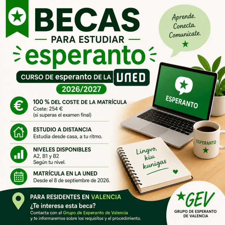 Cartel de las becas para estudiar esperanto en el curso de la UNED 2026/2027: 100 % del coste de la matrícula, estudio a distancia y niveles A2, B1 y B2.