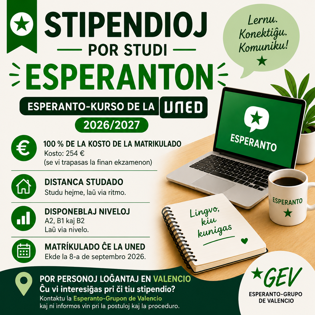 Stipendioj por studi Esperanton ĉe UNED dum la akademia jaro 2026/2027