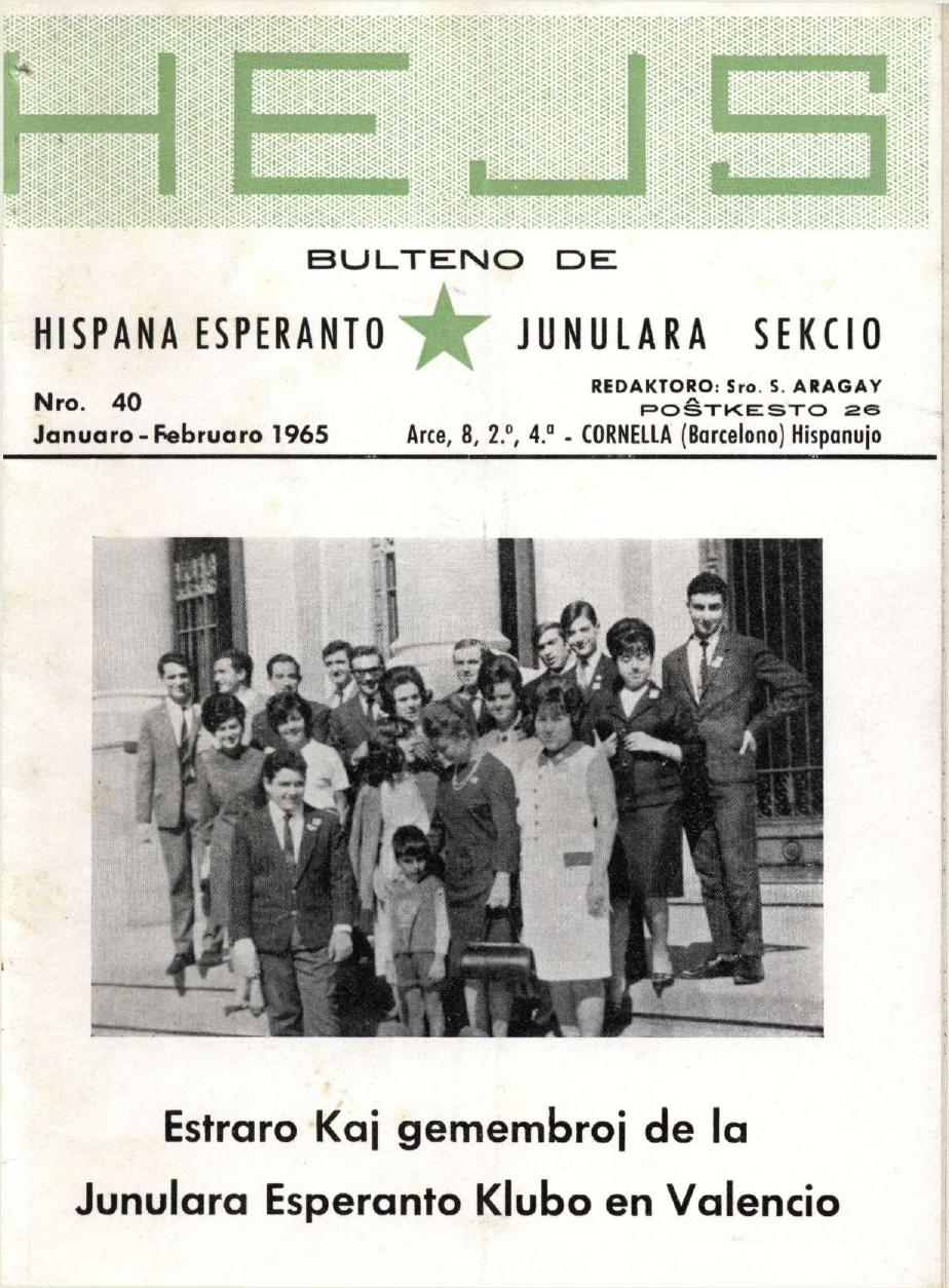 Portada del butlletí HEJS núm. 40 (gener-febrer de 1965), dedicada a la junta i socis del club juvenil esperantista de València. Font: Bitoteko, Federació Espanyola d'Esperanto.