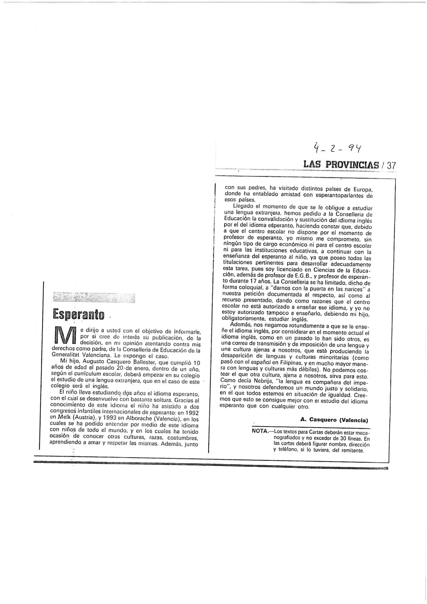 La carta al director de Las Provincias, 4 de febrero de 1994, página 37.