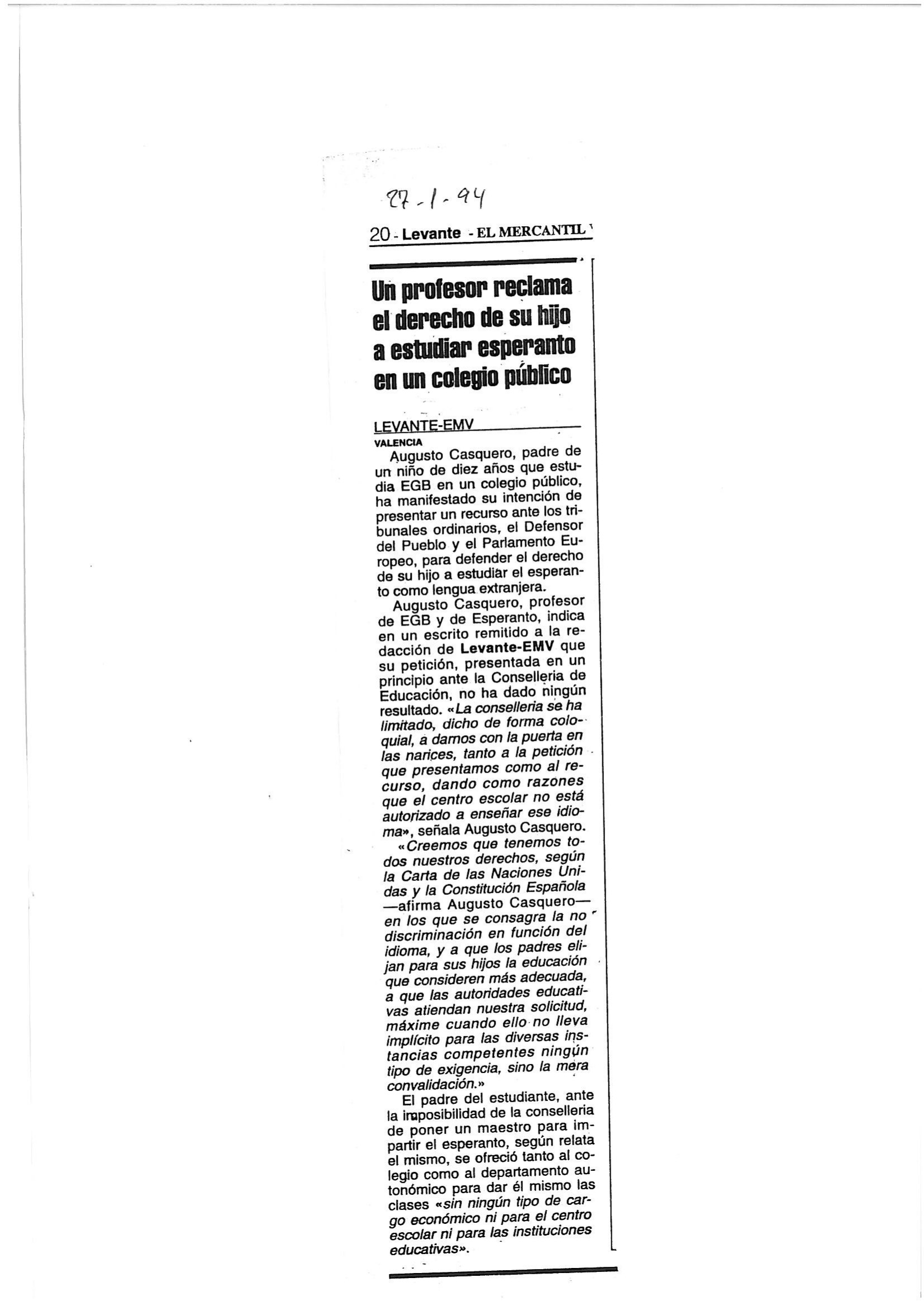 La noticia de Levante-EMV, página 20, el 27 de enero de 1994.
