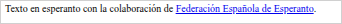 El peu de la portada en esperanto, amb la menció a la Federació Espanyola d'Esperanto.