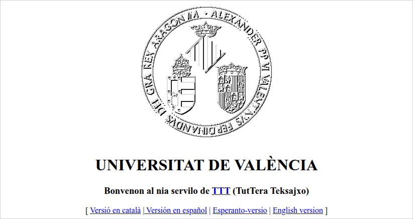 Capçalera de la portada en esperanto de la Universitat de València, en la captura del 29 de gener de 1997: el segell de la Universitat, la salutació «Bonvenon al nia servilo de TTT» i el selector amb les quatre versions lingüístiques.