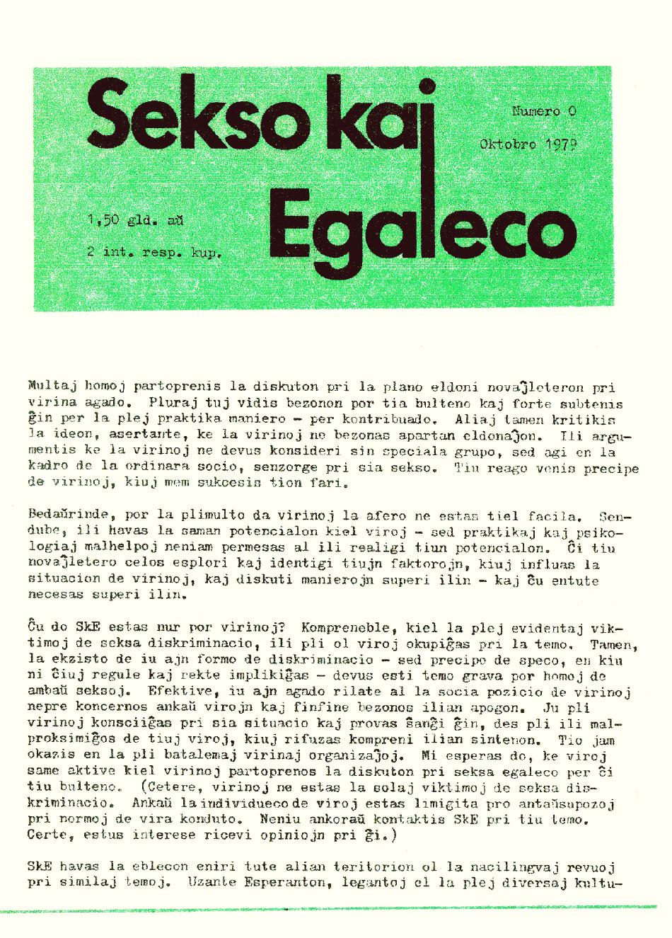 La portada del número 0 de Sekso kaj Egaleco, octubre de 1979.