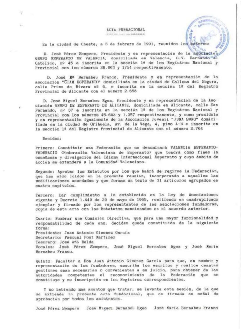 Acta fundacional y estatutos de la Federación Valenciana de Esperanto