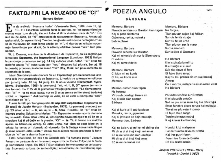 A l'esquerra, l'article de Bernard Golden «Faktoj pri la neuzado de "ci"» al Boletín 280 (maig-juny de 1987); a la dreta, tres pàgines després, el «Poezia Angulo» del mateix número amb el Bàrbara de Prévert traduït per Daniel Luez, on ci i les seues formes apareixen tretze vegades.