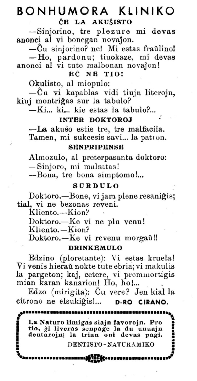 La «Bonhumora Kliniko» del Boletín núm. 49, de gener de 1953, firmada a baix per D-ro Cirano. Al requadre del peu, l'aforisme de les dentadures, firmat «Dentisto-Naturamiko».