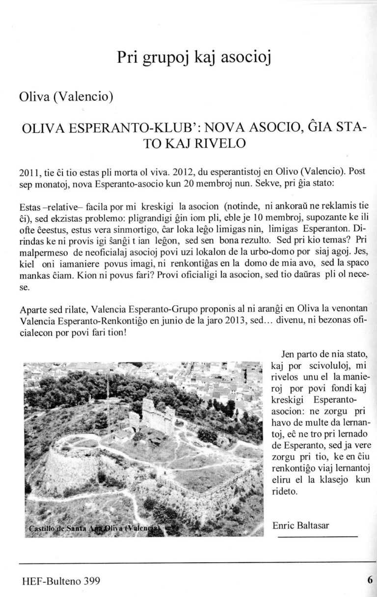Pàgina 6 del Boletín 399 de la HEF, amb l'article d'Enric Baltasar sobre l'Oliva Esperanto-Klub' i una foto aèria del castell de Santa Anna d'Oliva.