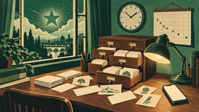 Il·lustració amb estil de cartell antic d'esperanto: damunt d'un escriptori de fusta, un fitxer de fusta amb els calaixos oberts plens de targetes en blanc i, escampades, targetes amb un arbre, una muntanya i un ocell dibuixats; un rellotge de paret, un calendari amb punts cada vegada més separats, un llum de taula encés i un mòbil; per la finestra, un riu amb pont, xiprers i l'estrela verda en el cel.