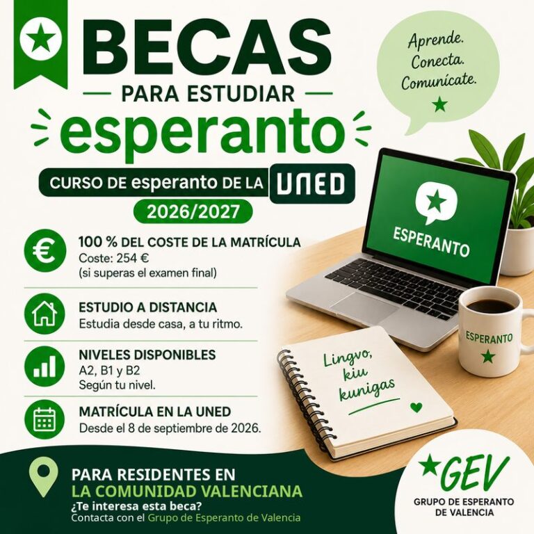 Cartel «Becas para estudiar esperanto»: curso de esperanto de la UNED 2026/2027, matrícula de 254 €, niveles A2, B1 y B2, para residentes en la Comunidad Valenciana