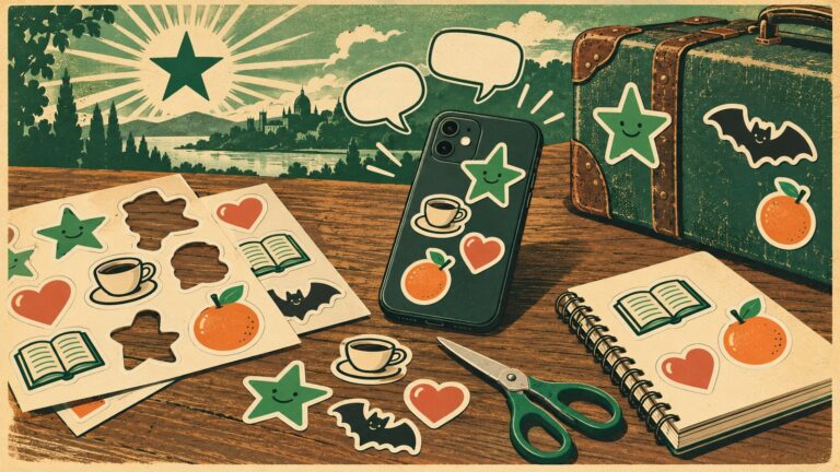 Il·lustració amb estil de cartell antic d'esperanto: damunt d'una taula de fusta, fulls d'adhesius retallats —una estrela verda somrient, una tassa de café, un cor, un llibre obert, una rata penada i una taronja—, uns ja apegats en un mòbil, en una maleta antiga i en un quadern d'espiral; unes tisores i dues bafarades buides damunt del mòbil; al fons, un llac, una ciutat i l'estrela verda.