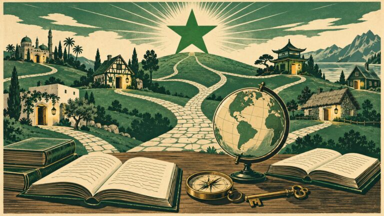 Il·lustració amb estil de cartell antic d'esperanto: una gran estrela verda dalt d'un tossal del qual baixen camins de pedra cap a cases de llocs distints —una mesquita amb palmeres, una casa d'entramat de fusta, una pagoda, una casa blanca mediterrània, una caseta de pedra amb teulada de palla i una cabana al costat d'un llac amb muntanyes—; davant, en una taula de fusta, dos llibres oberts amb línies ondulades, una bola del món, una brúixola de llautó i una clau antiga.
