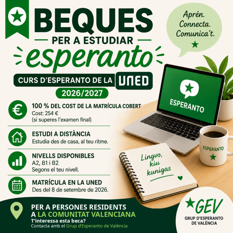 Cartell «Beques per a estudiar esperanto»: curs d’esperanto de la UNED 2026/2027, matrícula de 254 €, nivells A2, B1 i B2, per a persones residents a la Comunitat Valenciana