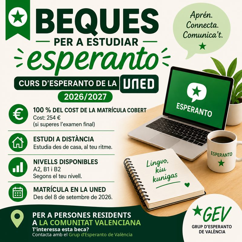 Beques per a estudiar Esperanto a la UNED durant el curs 2026/2027