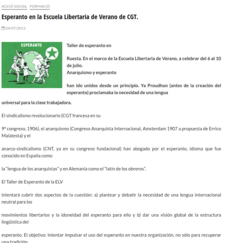 Anunci del taller d'esperanto de l'Escola Llibertària d'Estiu de la CGT, publicat el 4 de juliol de 2011 al web de la Federació Local de Sindicats de València