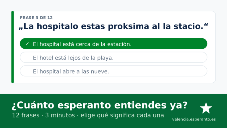 Una frase en esperanto con tres respuestas en castellano; la buena esta marcada en verde.