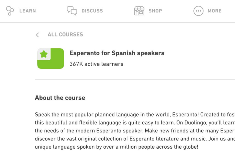 Captura de la pàgina del curs a Duolingo: «Esperanto for Spanish speakers — 367K active learners», amb la descripció del curs davall.