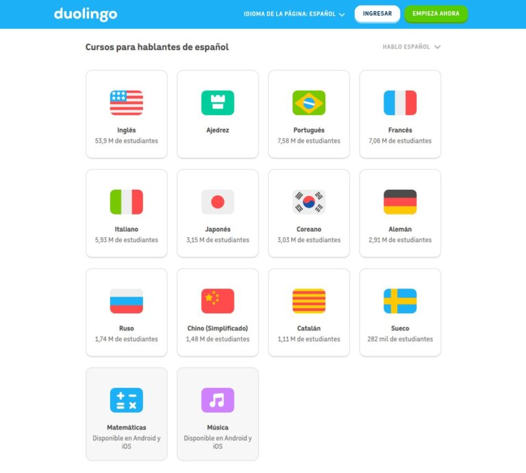 Captura del catàleg de Duolingo per a castellanoparlants el 30 d'agost de 2026: onze llengües, escacs, matemàtiques i música. L'esperanto no hi apareix.