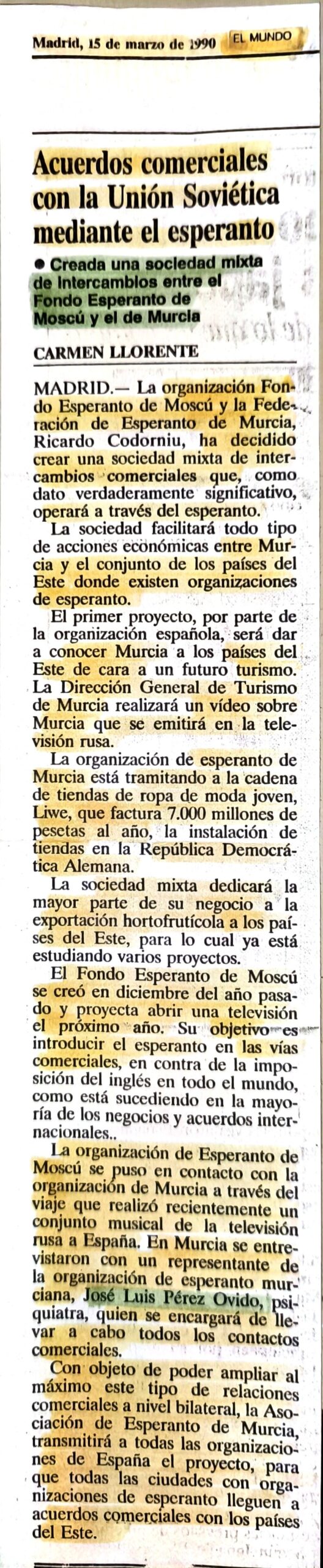Retall d'«Acuerdos comerciales con la Unión Soviética mediante el esperanto», d'El Mundo, 15 de març de 1990