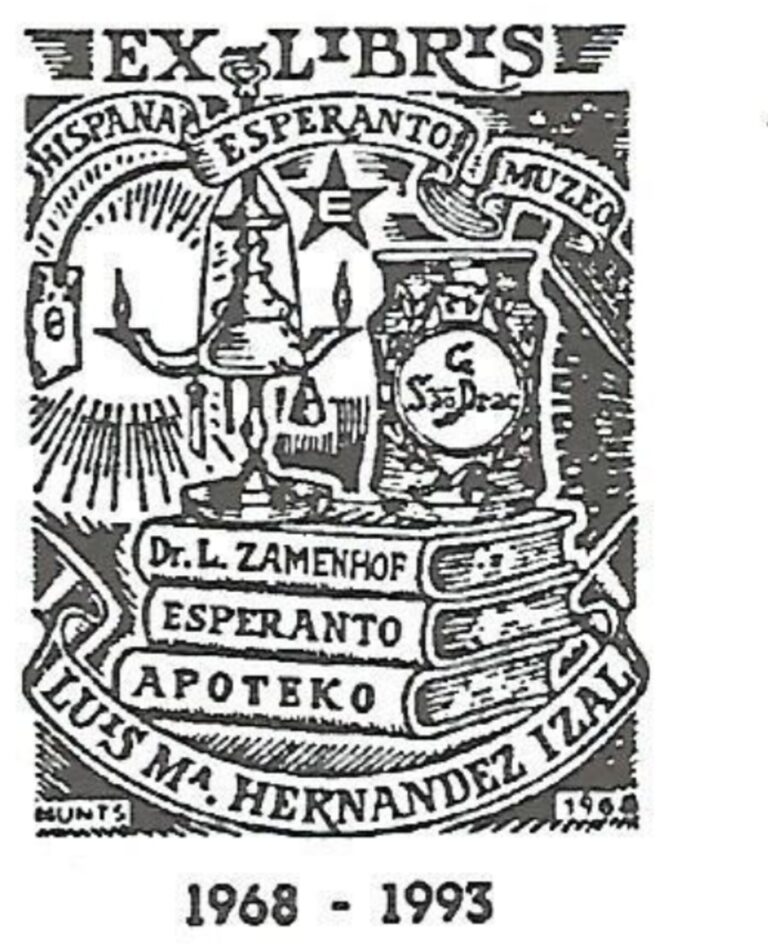 L'ex-libris del Museu Espanyol d'Esperanto, reproduït en el primer número de Periodaĵoj (juliol de 1993) per a celebrar-ne els vint-i-cinc anys. Damunt d'una pila de llibres —Zamenhof, Esperanto, Apoteko— hi ha el pot d'apotecari i el nom de Luis Mª Hernández Izal.