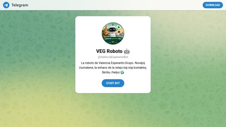 Captura de la pàgina de VEG Roboto a Telegram, amb el seu avatar i el botó per a començar.