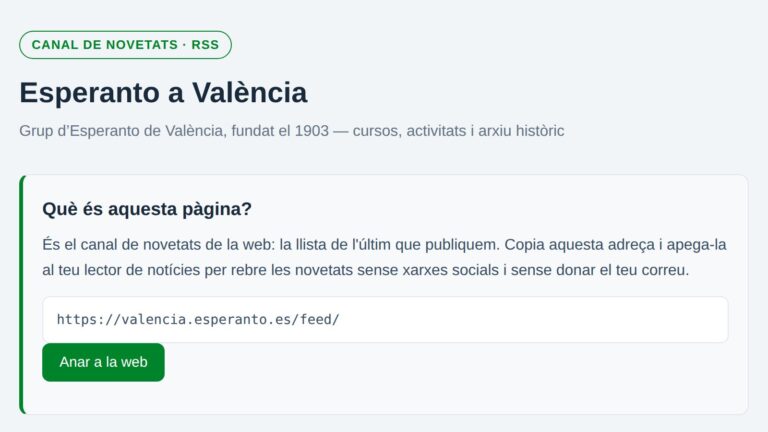 Captura del canal de novetats RSS de la web, amb l'adreça per a copiar-la al lector de notícies.