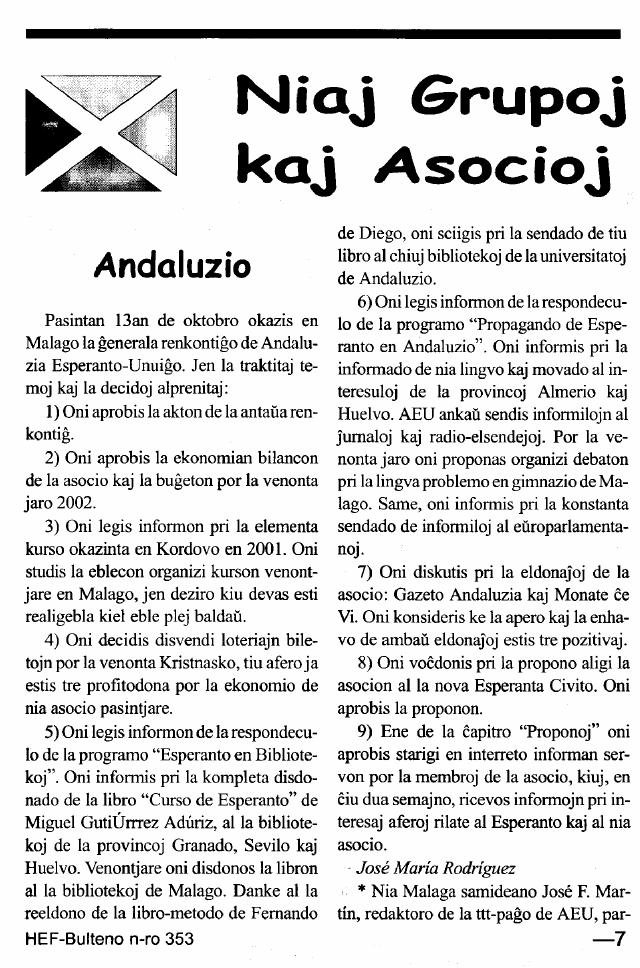 Pàgina 7 del Boletín núm. 353, secció «Niaj Grupoj kaj Asocioj». L'acta de l'assemblea de la Andaluzia Esperanto-Unuiĝo del 13 d'octubre de 2001, amb els nou punts numerats; el huité és el de l'adhesió a la Civito.