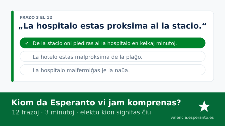 Frazo en Esperanto kun tri respondoj; la gxusta estas verde markita.