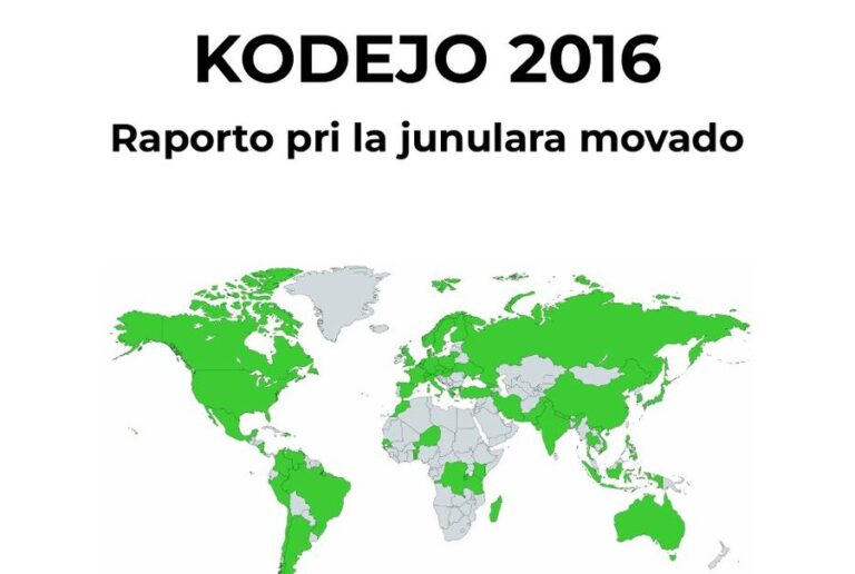 Mapa dels països que van contestar l'enquesta KODEJO 2016, en verd sobre el mapamundi, a la portada de l'informe.