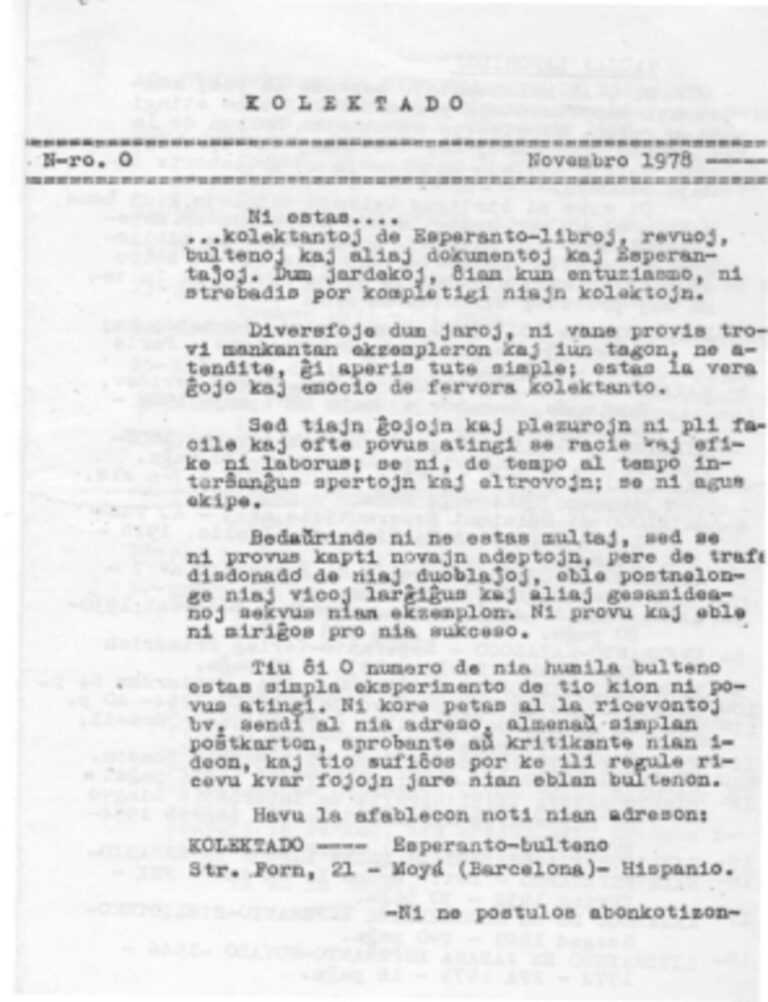 El número zero de Kolektado (novembre de 1978). La declaració de principis és el tercer paràgraf: «se ni agus ekipe» —si actuàrem en equip—.