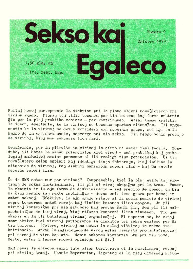 Coberta de Sekso kaj Egaleco núm. 0, octubre de 1979.