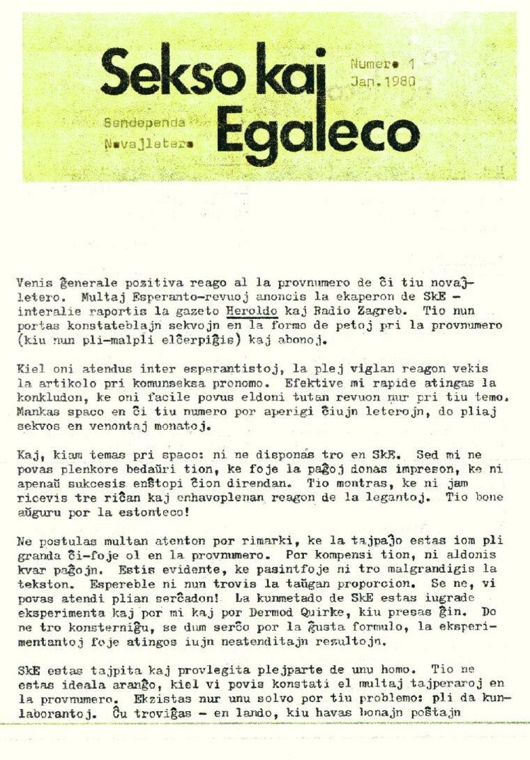 Coberta de Sekso kaj Egaleco núm. 1, gener de 1980.