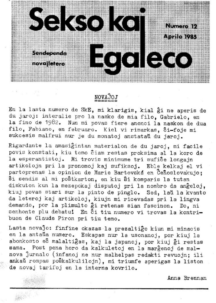 Coberta de Sekso kaj Egaleco núm. 12, abril de 1985.