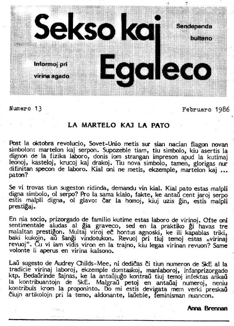 Coberta de Sekso kaj Egaleco núm. 13, febrer de 1986.