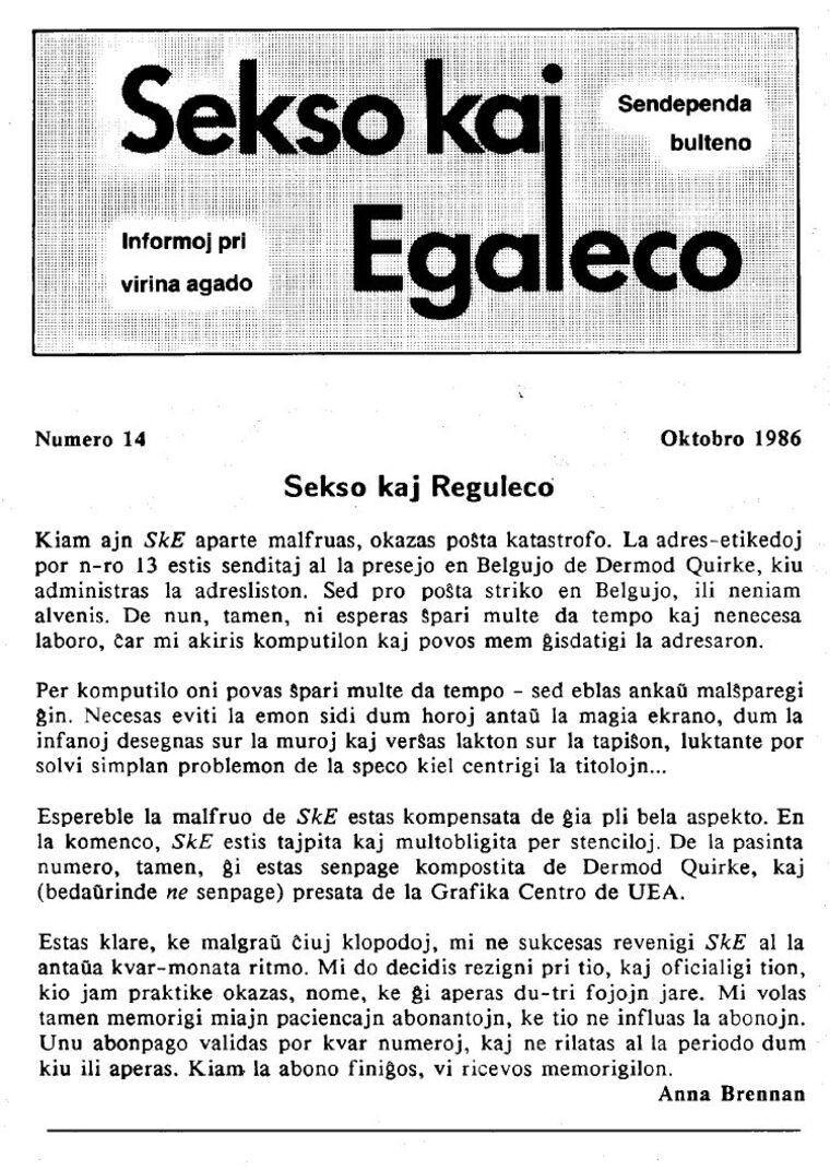 Coberta de Sekso kaj Egaleco núm. 14, octubre de 1986.