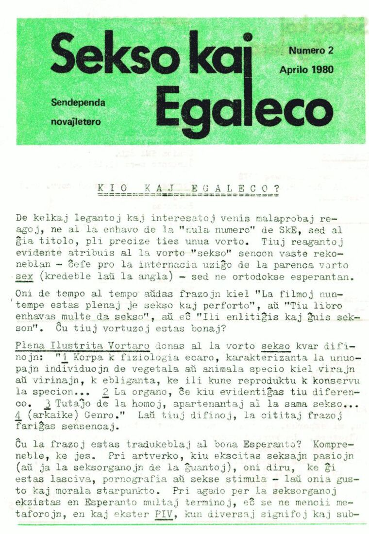 Coberta de Sekso kaj Egaleco núm. 2, abril de 1980.